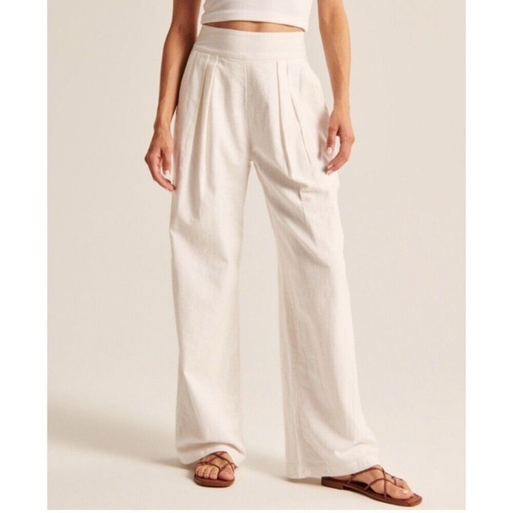 Abercrombie & Fitch Wide Leg Linen Pants in Ivory